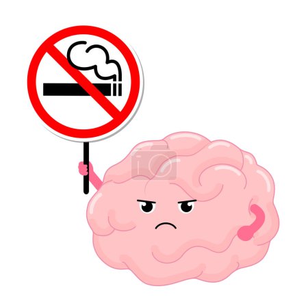 Photo for Cartoon brain character human organs holding stop and no smoking sign. Smoking effect on human internal organs. Health care concept. World no tobacco day. illustration. - Royalty Free Image