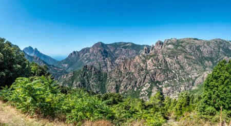 Téléchargez les photos : Paysage avec Evisa, village de montagne dans le depar Corse-du-Sud - en image libre de droit