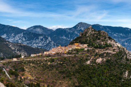 Photo for Landscape view of the idyllic coastal mountain village of Sainte-Agnes in the Alpes-Maritime region of the Cote d'Azur in southern France - Royalty Free Image