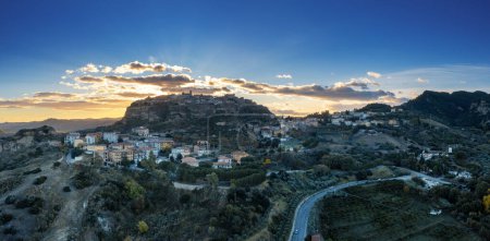 Photo for Santa Severina, Italy - 6 December, 2023: drone panorama view of the hilltop village of Santa Severina in Calabria at sunrise - Royalty Free Image