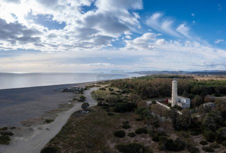 A drone landscape view of Punta Alice beach and lighthouse in Calabria