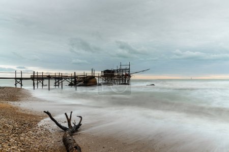 Photo for A view of the Trabocco Punto le Morge pile dwelling on an overcast an rainy day on the Costa dei Trabocchi in Italy - Royalty Free Image