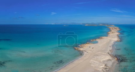 aerial landscape view of the Platja de Ses Illetes beach and isthmus in northern Formentera
