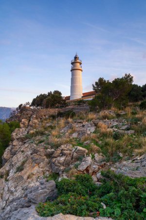 A view of the Cap Gros Lighthouse in northern Mallorca at sunset