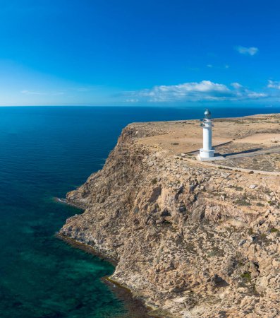 aerial landscape view of Cap de Barbaria and the landmark lighthouse on Formentera Island