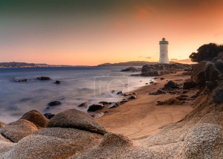 long exposure view of the Punta Palau Lighthouse on the Emerald Coast of Sardinia at sunrise