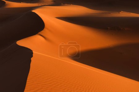 A view of the sand dunes at Erg Chebbi in Morocco in warm evening light