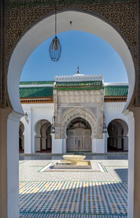 Fez, Morocco - 4 March, 2024:architectural detail of the inner courtyard of the University of al-Qarawiyyin and mosque in downtwon Fez