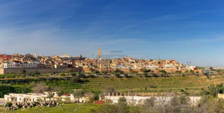 Meknes, Morocco - 5 March, 2024: cityscape of the old town of Meknes with minarets and the old city walls