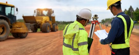 Photo for Asian surveyor engineer two people checking level of soil with Surveyor's Telescope equipment to measure leveling for cut and fill, started leveling the ground at the highway road construction site. - Royalty Free Image