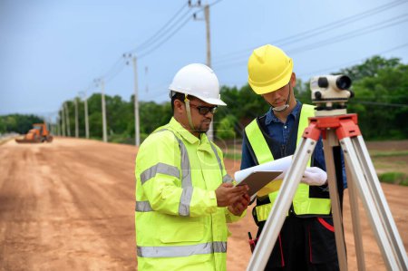 Photo for Asian surveyor engineer two people checking level of soil with Surveyor's Telescope equipment to measure leveling for cut and fill, started leveling the ground at the highway road construction site. - Royalty Free Image