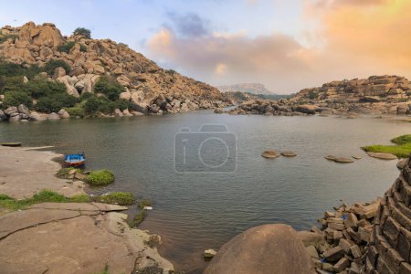 Photo for Tungabhadra river aerial view with scenic landscape at sunset at Hamp - Royalty Free Image