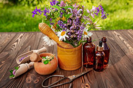 Foto de Un mortero de madera con una selección de hierbas medicinales sobre la mesa en un día soleado brillante - Imagen libre de derechos