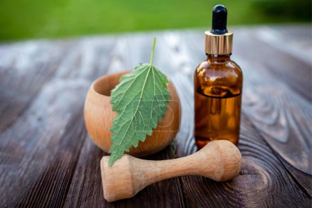 Téléchargez les photos : Wooden mortar for grinding ingredients in the herbalist's pharmacy. Manufacture of preparations for the scalp from nettles. Elixir from nettle oil for hair growth. - en image libre de droit