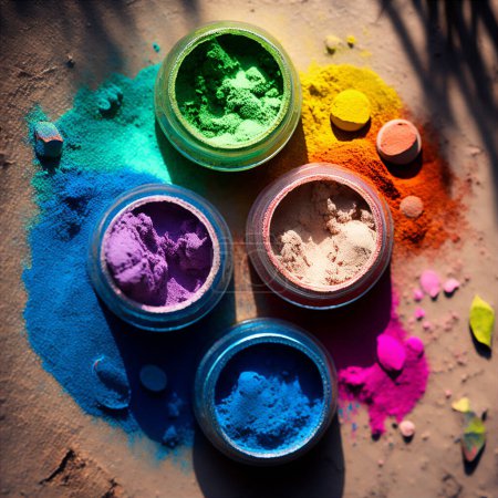 Photo for Colorful holi colors in bowls. Colorful holi powder blowing up. Holi festival and celebration. Top view on multicolored holi powder. - Royalty Free Image
