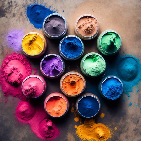 Foto de Colorful holi colors in bowls. Colorful holi powder blowing up. Holi festival and celebration. Top view on multicolored holi powder. - Imagen libre de derechos