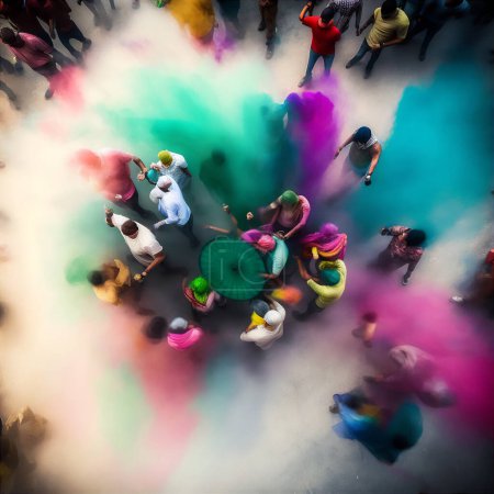 Photo for People celebrating Holi festival celebrations in India . Drone view. - Royalty Free Image