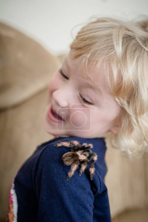 Foto de The child was frightened by a huge spider crawling on his back. The baby is terrified of the tarantula jumping on her shoulder. - Imagen libre de derechos