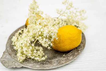 Foto de Un vaso transparente con una rodaja de limón y un ramo de saúco en un jarrón en la terraza de verano. Refresco con jarabe de ambucus. Medicamento de un árbol con flores - Imagen libre de derechos