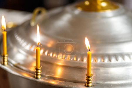 Photo for Interior during Baptism in the Intercession Church of the Holy Intercession Convent for Women with Baptismal Font - Royalty Free Image