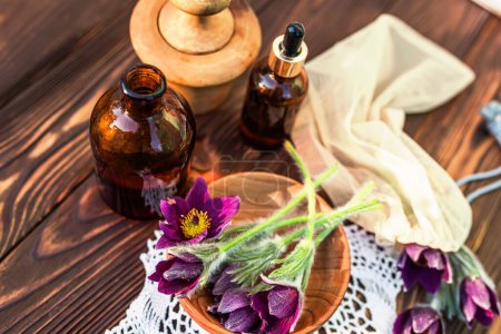 Orientalischer Passionsblume, Anemonenschnitzel, Pulsatilla-Patens in einer Schüssel und ätherisches Öl in einer Glasflasche.