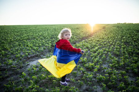 Téléchargez les photos : Drapeau de l'Ukraine dans les mains de fille heureuse ukrainienne. enfant sourit portant drapeau ukrainien drapeau bleu et jaune de l'Ukraine flottant sur fond bleu ciel. Jour de l'indépendance. Jour du drapeau. Jour de la Constitution - en image libre de droit