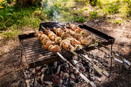 Photo for Barbecue at a picnic with grilled kebabs. Half-cooked pieces of pork meat on skewers on an old iron portable grill over coals - Royalty Free Image