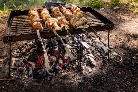 Téléchargez les photos : Barbecue lors d'un pique-nique avec kebabs grillés. Morceaux de viande de porc à moitié cuits sur des brochettes sur un vieux gril portatif en fer sur des charbons - en image libre de droit