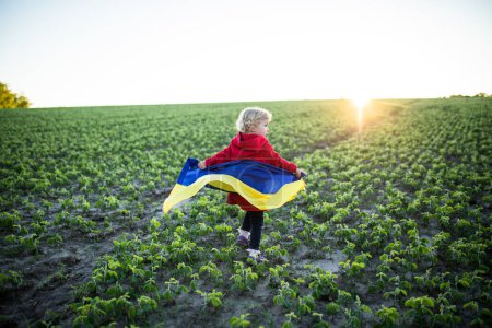 Téléchargez les photos : Drapeau jaune bleu ukrainien entre les mains d'une fille courant sur un champ de blé déchiqueté. Joyeux enfant avec le drapeau de l'Ukraine. Jour de l'indépendance. Jour du drapeau. Jour de la Constitution - en image libre de droit