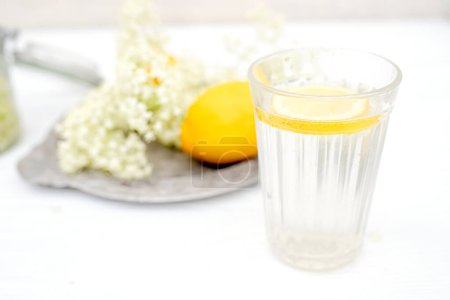 Foto de Un vaso facetado con una rebanada de limón cerca de un jarrón con flores frescas de saúco sobre un fondo blanco.. - Imagen libre de derechos