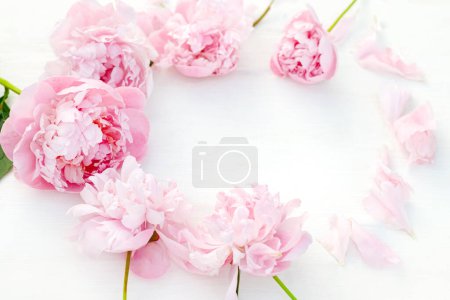 Blossoming peonies in varying shades of pink, thoughtfully arranged on white table, romance and celebration. Top view. Empty space for your text.