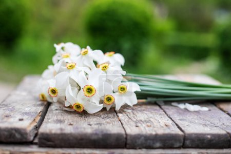 Téléchargez les photos : Bouquet de jonquilles sur table en bois. Cadeau de la fête des mères ou 8 mars. - en image libre de droit