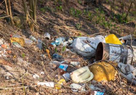Foto de Residuos humanos vertidos en el bosque. Latas de lata y botellas sucias usadas vacías en el suelo. Concepto de conservación de la naturaleza de la contaminación. - Imagen libre de derechos