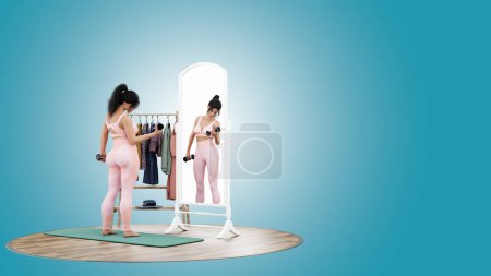 Téléchargez les photos : Jeune fille grosse se regarde dans le miroir et se voit mince. Illustration 3D rendu - en image libre de droit