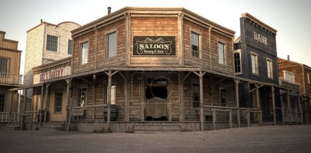 Téléchargez les photos : 3D illustration rendering of an empty street in an old wild west town with wooden buildings. - en image libre de droit