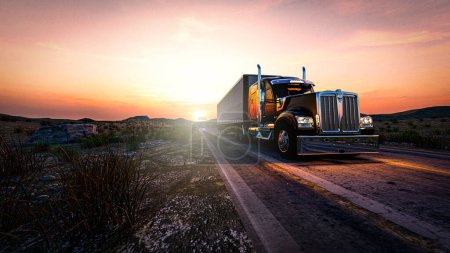 Camión de estilo americano en la autopista tirando de la carga. Tema de transporte. Ilustración 3D