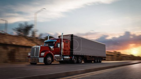 Foto de Camión de estilo americano en la autopista tirando de la carga. Tema de transporte. Ilustración 3D - Imagen libre de derechos
