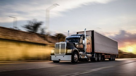 Téléchargez les photos : American style truck on freeway pulling load. Transportation theme. 3D illustration - en image libre de droit