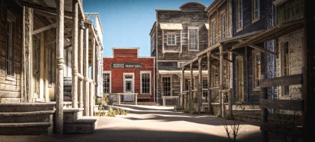 Téléchargez les photos : 3D illustration rendering of an empty street in an old wild west town with wooden buildings. - en image libre de droit