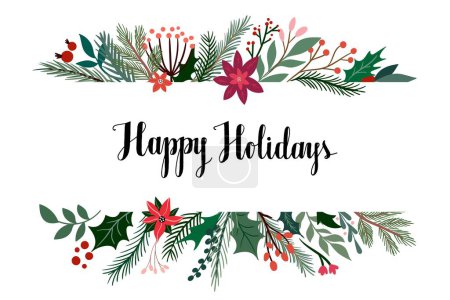 Illustration for Happy Holidays greeting card, invitation, poster with floral frame, Christmas winter seasonal design and hand lettering - Royalty Free Image