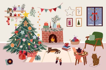 Téléchargez les illustrations : Noël hiver intérieur confortable avec arbre de Noël, cheminée, cadeaux, design vectoriel - en licence libre de droit