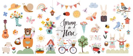 Foto de Spring is here big collection with different seasonal elements isolated on white, animals, flowers, birds, butterflies - Imagen libre de derechos