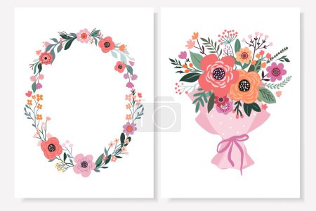 Foto de Conjunto de tarjetas de felicitación para diferentes tipos de celebración, marco floral y ramo de flores, aislado en blanco - Imagen libre de derechos