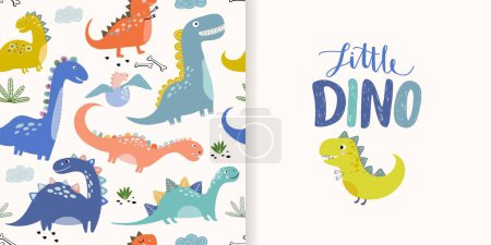 Foto de Set de Little Dino con patrón sin costuras y tarjeta de felicitación o invitación; diferentes tipos de dinosaurios lindos, fondo útil para papel pintado, vivero, textil, papel de envolver - Imagen libre de derechos