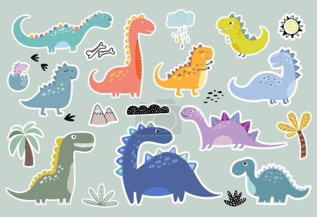 Téléchargez les illustrations : Collection d'autocollants décoratifs avec différents types de dinosaures mignons et drôles, design vectoriel pour enfants - en licence libre de droit