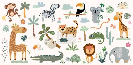 Foto de Animales de safari y colección de vegetación con elementos lindos aislados en blanco, guardería infantil, diseño de vectores - Imagen libre de derechos
