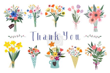 Ilustración de Colección de ramos florales con diferentes tipos de flores en flor y plantas, tarjeta de felicitación Thank You, diseño vectorial - Imagen libre de derechos