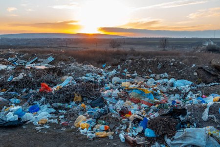 Téléchargez les photos : Urban garbage in dry field at sunset. Polluted space. Environmental concept. - en image libre de droit