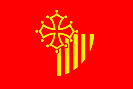 Gebietsflagge Languedoc-Roussillon bis 2004 auf wellenförmigem seidenem Textilhintergrund.