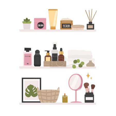 Illustration for Cozy Bathroom shelves. Bath shelf. Beauty products - cream, scrub, serum, perfumes Vector illustration - Royalty Free Image